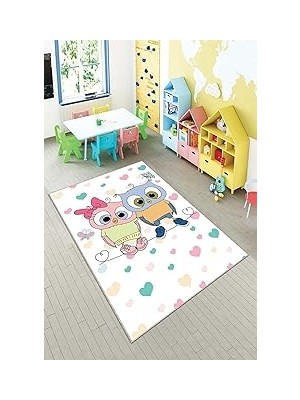 Renas Store Pelangi Beyaz Kalp ve Kuş Deseni Yıkanabilir Kaymaz Taban Leke Tutmazbebek ve Çocuk Odası Halısı, Beyaz-Mavi 120 x 160, 901357098120160
