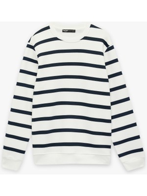 Koton Üç Iplik Şardonlu Regular Fit Bisiklet Yaka Uzun Kollu Çizgili Sweatshirt
