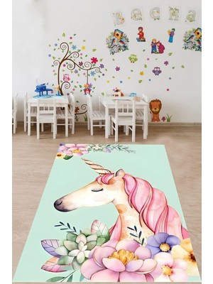 Renas Store Pelangi Çiçeli Tek Boynuzlu At Yıkanabilir Kaymaz Taban Leke Tutmaz Çocuk Odası Halısı, Yeşil-Pembe 160 x 250
