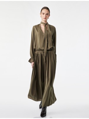 Koton Aerobin Kumaş Uzun Kollu Fularlı Şal Yaka Dökümlü Saten Oversize Bluz