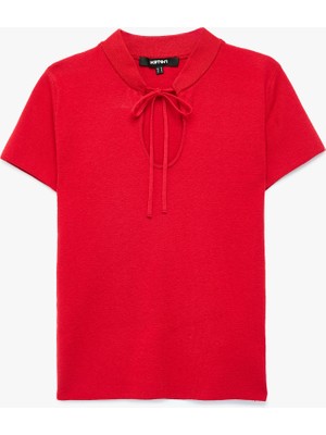 Koton Kısa Kollu Bağlama Detaylı Dik Qipao Yaka Triko Kazak