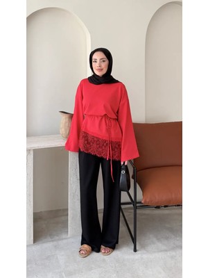 RFK Butik Kadın Dantel Detaylı Bel Bağlamalı Penye Sweat - Kırmızı