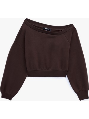 Koton Uzun Kollu Üç Iplik Asimetrik Kayık Yaka Omzu Açık Sweatshirt