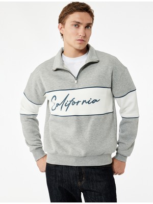 Koton Üç Iplik Şardonlu Renk Bloklu Rahat Kalıp Yarım Fermuarlı Yaka Baskılı Sweatshirt