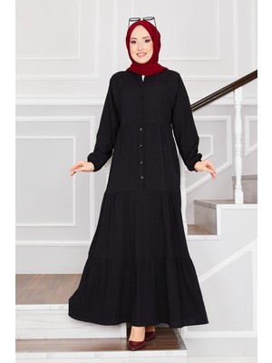 Ebru Tesettür Önü Düğmeli Kat Kat Tesettür Elbise Siyah