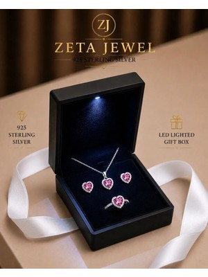 Zeta Jewel 925 Ayar Gümüş Pembe Taşlı Kalp Kolye Küpe Yüzük Seti | Işıklı Hediye Kutulu | Zarif Kalp Tasarım
