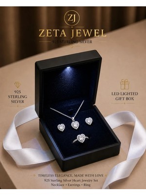 Zeta Jewel 925 Ayar Gümüş Zirkon Taşlı Kalp Kolye Küpe Yüzük Seti | Işıklı Hediye Kutulu | Zarif Kalp Tasarım