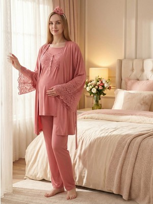 Lohussa Yeni Sezon Nar Çiçeği Yazlık Şık Dantel Detaylı Tasarım Kısa Kollu Düğmeli Hamile Lohusa Sabahlık Pijama Takımı Seti