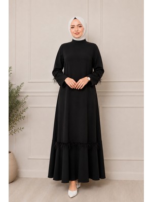 Moda Asi Modaasi Tüy Detaylı Salaş Tesettür Elbise Uzun Şık Zarif Elbise