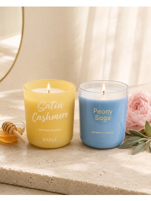 Rakle 2’li Kokulu Cam Mum Seti – Satin Kaşmir ve Şakayık Adaçayı Kokulu – Kutulu, Toplam 350 gr