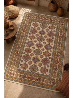 Babil Home Krem Bohem Etnik Geometrik Desen Kendinden Saçak Kilim 3057
