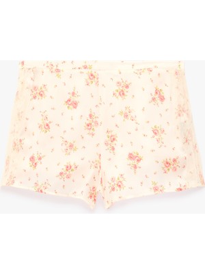 Koton Beli Lastikli Rahat Kalıp Çiçek Desenli Saten Şort Pijama Altı