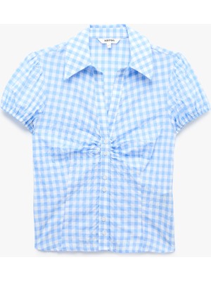 Koton Slim Fit Pamuklu Büzgü Detaylı Kısa Balon Kollu Kaçık Yaka Pötikareli Gömlek