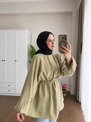 Moonsc Kadın Balon Kol Bel Bağlamalı Standart Beden Haki Tunik Tesettür Gömlek
