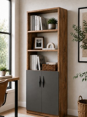 Mossano Nesso Kitaplık Çam Antrasit Çok Amaçlı Dolap Kiler Dolabı 5 Raflı 2 Kapaklı Dolap 180 cm Yükseklik 34 cm Raf Aralığı 60 cm Genişlik 30 cm Derinlik