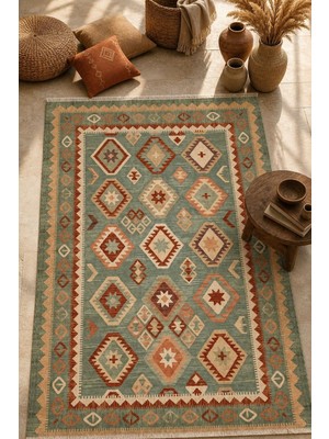 Babil Home Yeşil Bohem Çeşitli Desenler Kendinden Saçak Kilim 3055