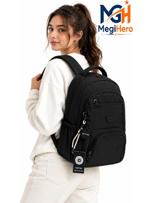 Megihero Çok Bölmeli Unisex Sırt Çantası Suya Dayanıklı Güblik Okul Çantası 2000 Siyah