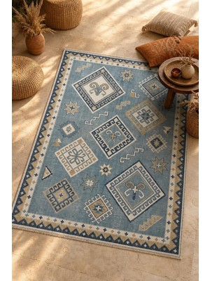 Babil Home Mavi Bohem Geometrik Desenler Kendinden Saçak Kilim 3054