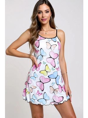 TeknoKapsül Renkli Kelebek Desenli Askılı Kadın Gecelik - Renkli / S