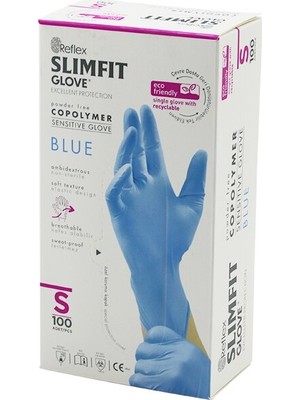 TeknoKapsül Reflex Slimfit Glove KOD-027 S Mavi Pudrasız Muayene Eldiven 100LÜ (5643)