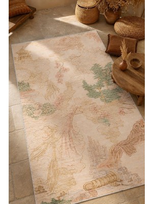 Babil Home Bej Doğa Doğal Manzara Desenleri Kendinden Saçak Kilim 3037