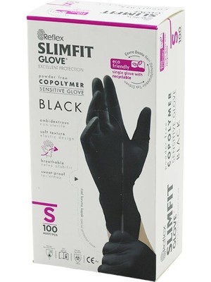 TeknoKapsül Reflex Slimfit Glove KOD-033 S Siyah Pudrasız Muayene Eldiven 100LÜ (5643)
