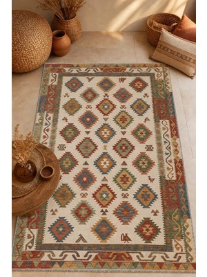 Babil Home Krem Etnik Kendinden Saçak Kilim 3053