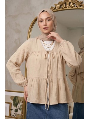 Modestim Önü Bağlamalı Kimono Tesettür Tunik Bej Oversize Yeni Sezon Rahat Kalıp Önü Baglamalı Tesettür Tunik