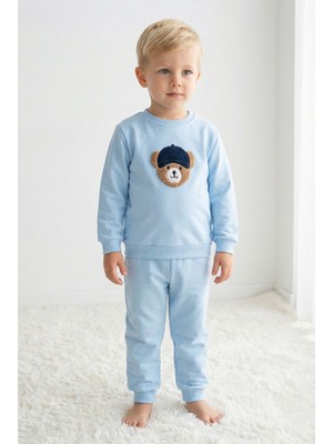 Elbebek Baby Unisex Çocuk %100 Pamuk Şapkalı Ayıcık Nakışlı Alt Üst Eşofman Takımı