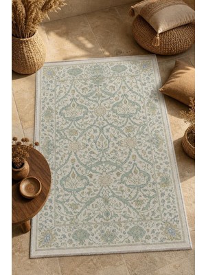 Babil Home Açık Mavi Çiçek Deseni Kendinden Saçak Kilim 3039