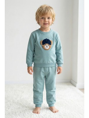 Elbebek Baby Unisex Çocuk %100 Pamuk Şapkalı Ayıcık Nakışlı Alt Üst Eşofman Takımı
