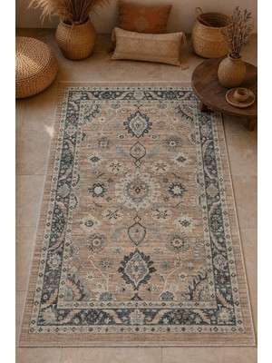 Babil Home Bej Klasik Çiçek Desenli Kendinden Saçak Kilim 3026 1