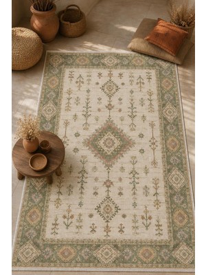 Babil Home Bej Doğal Çiçek Deseni Kendinden Saçak Kilim 3062