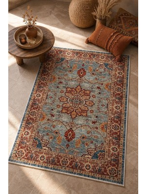 Babil Home Açık Mavi Klasik Çiçek Motifli Kilim Kendinden Saçak 3034