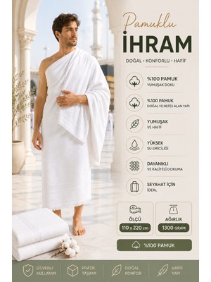 Luna Sacra %100 Pamuk 110X220 cm 1300 Gram Yetişkin Hac Umre Ihramı
