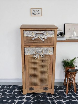 Woodluck Ahşap Hasır Görünümlü Kirli Çamaşır Sepetli Çekmeceli Dik Dolap ( Atlantik Çam)