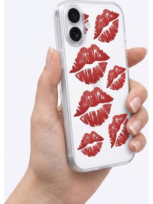TKÇ Iphone 17 Kırmızı Dudak / Öpücük Desenli Şeffaf Telefon Kılıfı