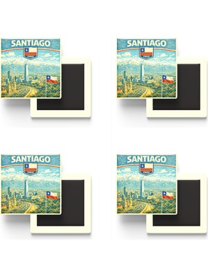 İberk Buzdolap Magnetleri - Şili Chile Santiago Retro Tema - 4 Adet