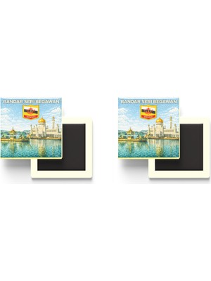 İberk Buzdolap Magnetleri - Brunei Bandar Seri Begawan Retro Tema - 2 Adet