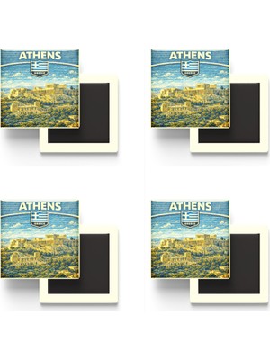 İberk Buzdolap Magnetleri - Yunanistan Greece Atina Retro Tema - 4 Adet