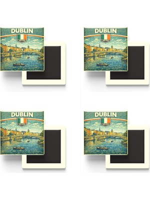 İberk Buzdolap Magnetleri - Irlanda Ireland Dublin Retro Tema - 4 Adet