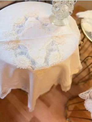 Ceki Home Bej Çeyizlik Flowers Model 5 Parça Keten Dantelli Salon Takımı Runner Seti