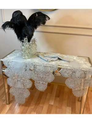 Ceki Home Çeyizlik Palmiye Model Gri Keten Runner Seti Zarif Salon Takımı 5 Parça