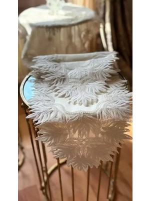 Ceki Home Salon Takımı 5 Parça Dantelli Keten Masa Örtüsü Runner Seti Samina Model Krem-Krem