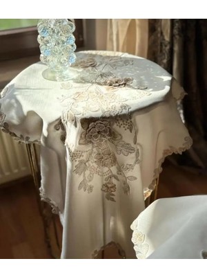 Ceki Home Simella Model Krem-Kapiçino Çeyizlik Nakış Işlemeli Masa Örtüsü Runner Seti Salon Takımı