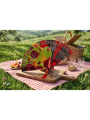 Muguetarts %100 El Yapımı Geleneksel Çok Renkli Ebru Sanatı Katlanır Ahşap Yelpaze 20/32 cm