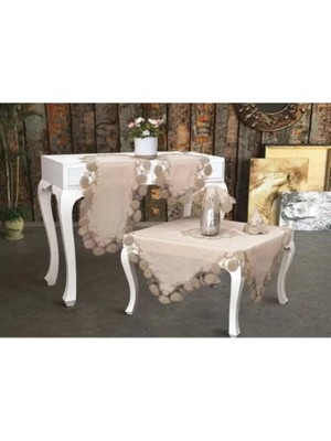 Ceki Home Flowers Model Kapiçino 5 Parça Keten Dantelli Runner Seti Zarif Salon Takımı