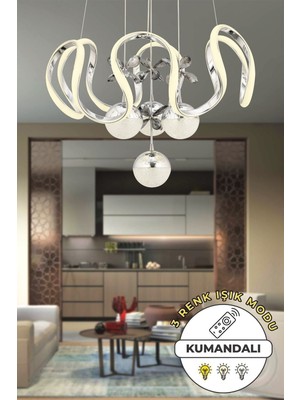 Empressco Oliver Kumandalı 3 Renk Işık Özellikli Modern Krom Kaplama Sarkıt LED Avize Salon Avize