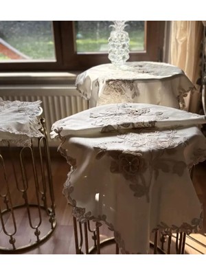 Ceki Home Salon Takımı 5 Parça Nakış Işlemeli Simella Model Krem-Kapi Masa Örtüsü Runner Seti