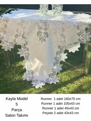 Ceki Home Salon Takımı 5 Parça Keten Masa Örtüsü Runner Seti Çeyizlik Kayla Model No 2323 Krem-Krem